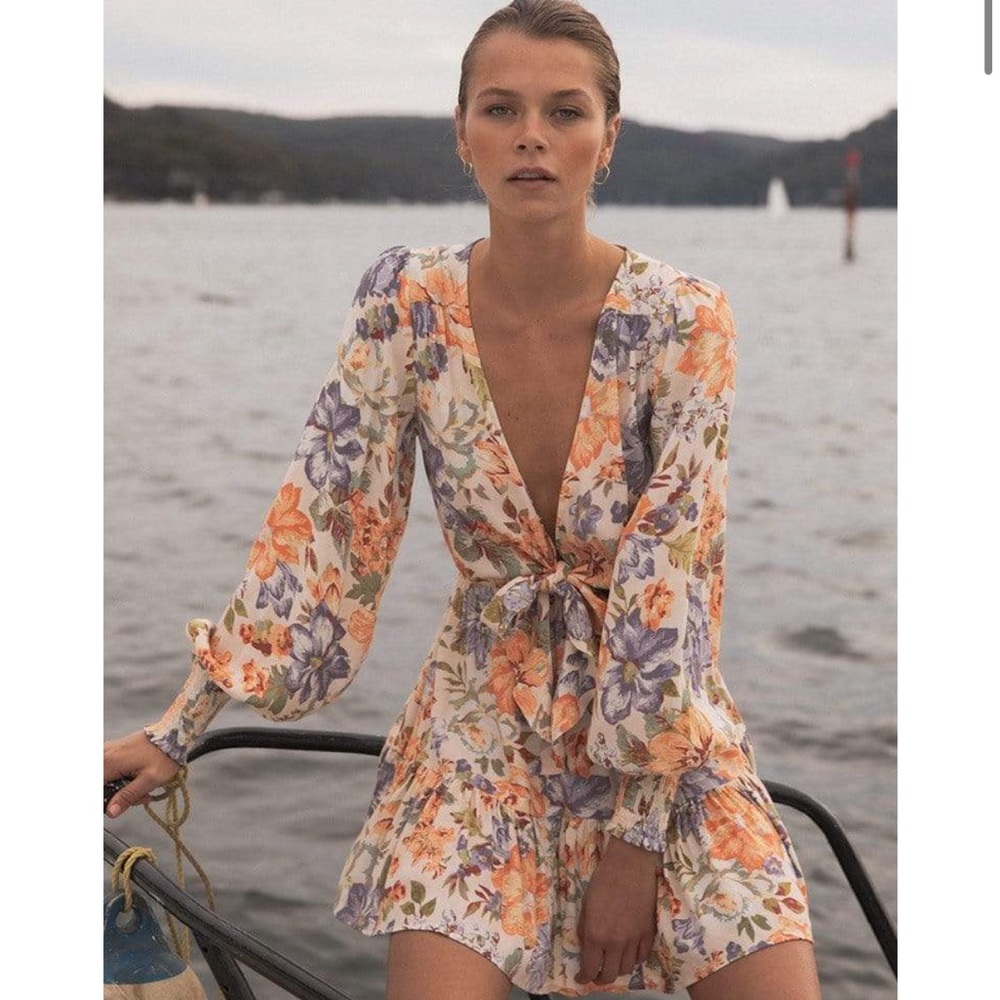 Kivari Cream Floral Mini Dress with Orange & Purple Blooms